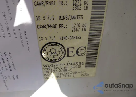 2017 Nissan Murano Platinum/S/Sl/Sv из США, поврежденный, VIN 5N1AZ2MH4HN194886